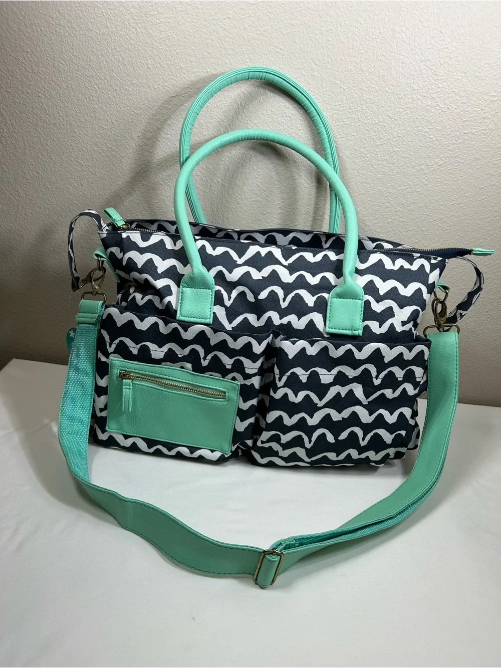 Teal Navy Wave Pattern Multi Pockets Complete Diaper Stroller Strap Tote Bag